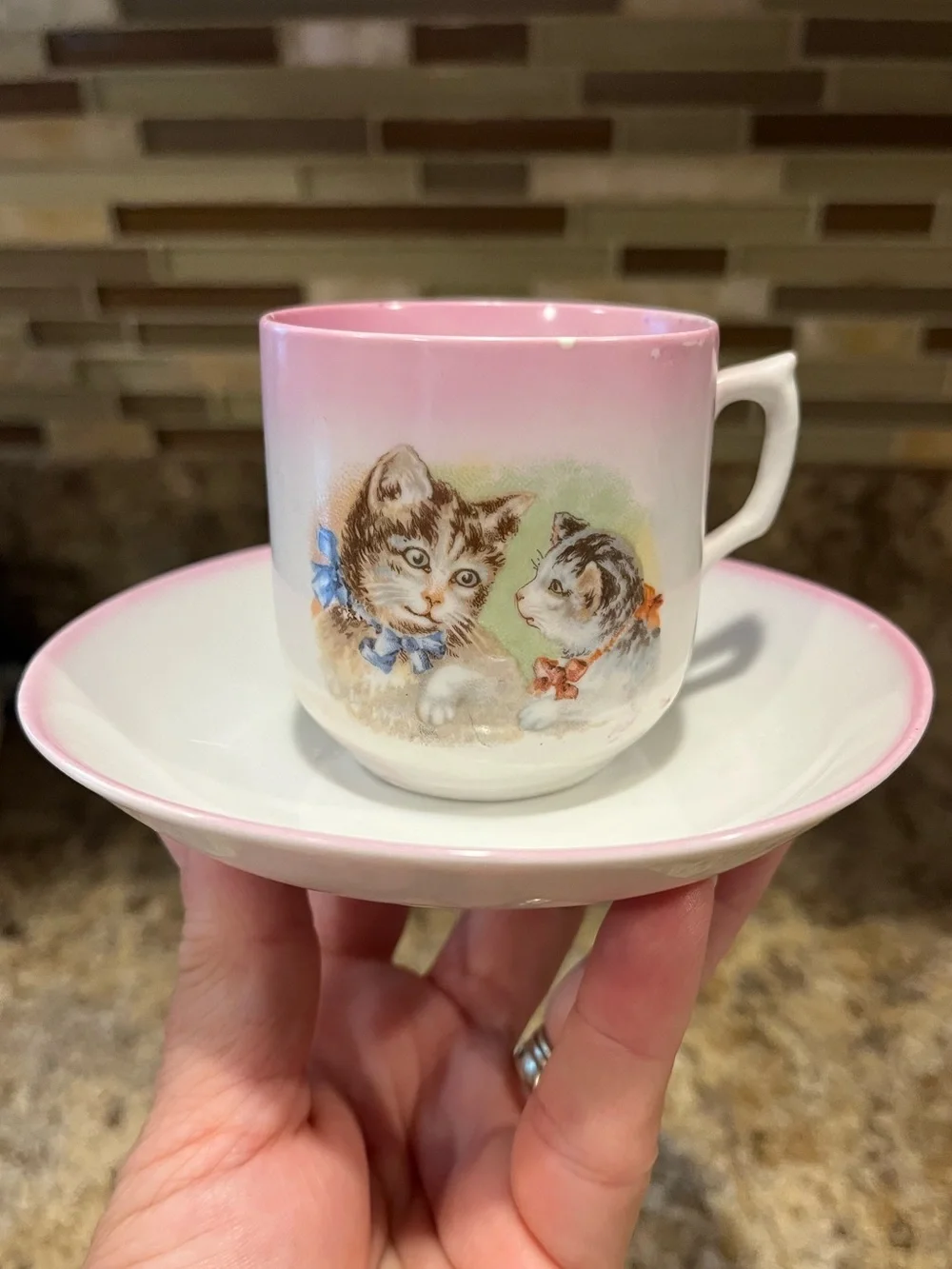 Vintage Pink Cat Demitasse Cup and Saucer Tabby Cats with Bows